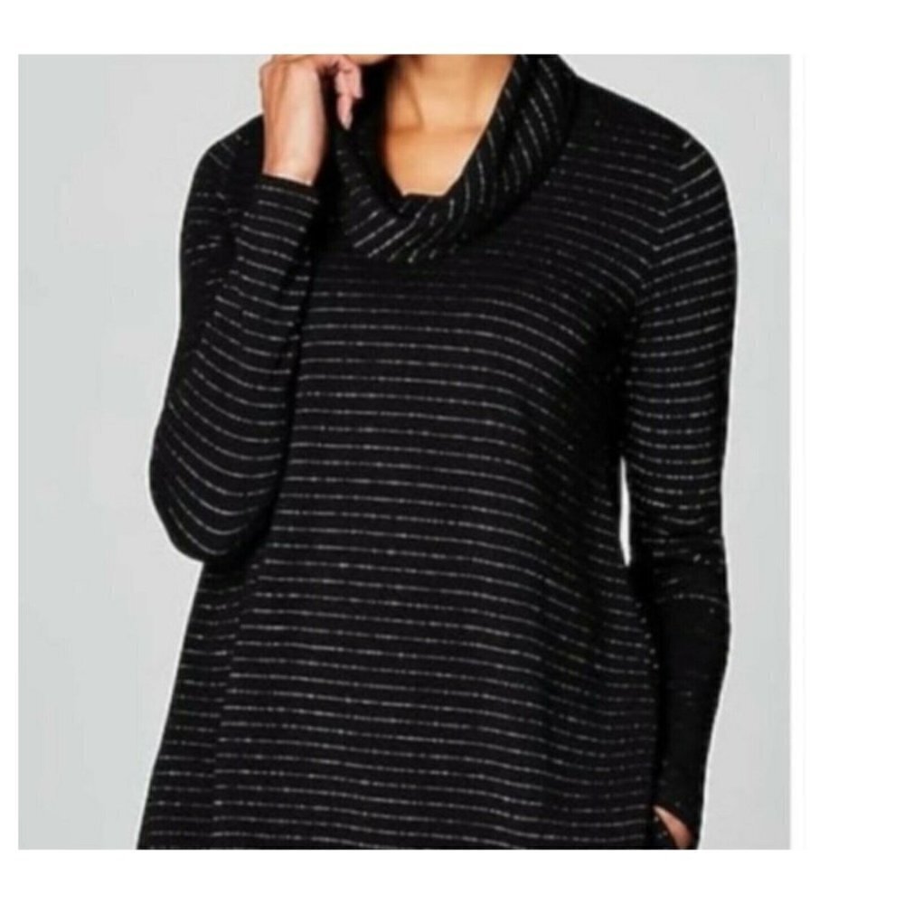 J. JILL Wearever Pullover Sweater Top  Cowl Neck Black Silver Stripe Size XS